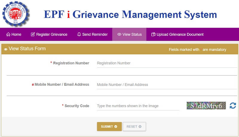 PF grievance status check page